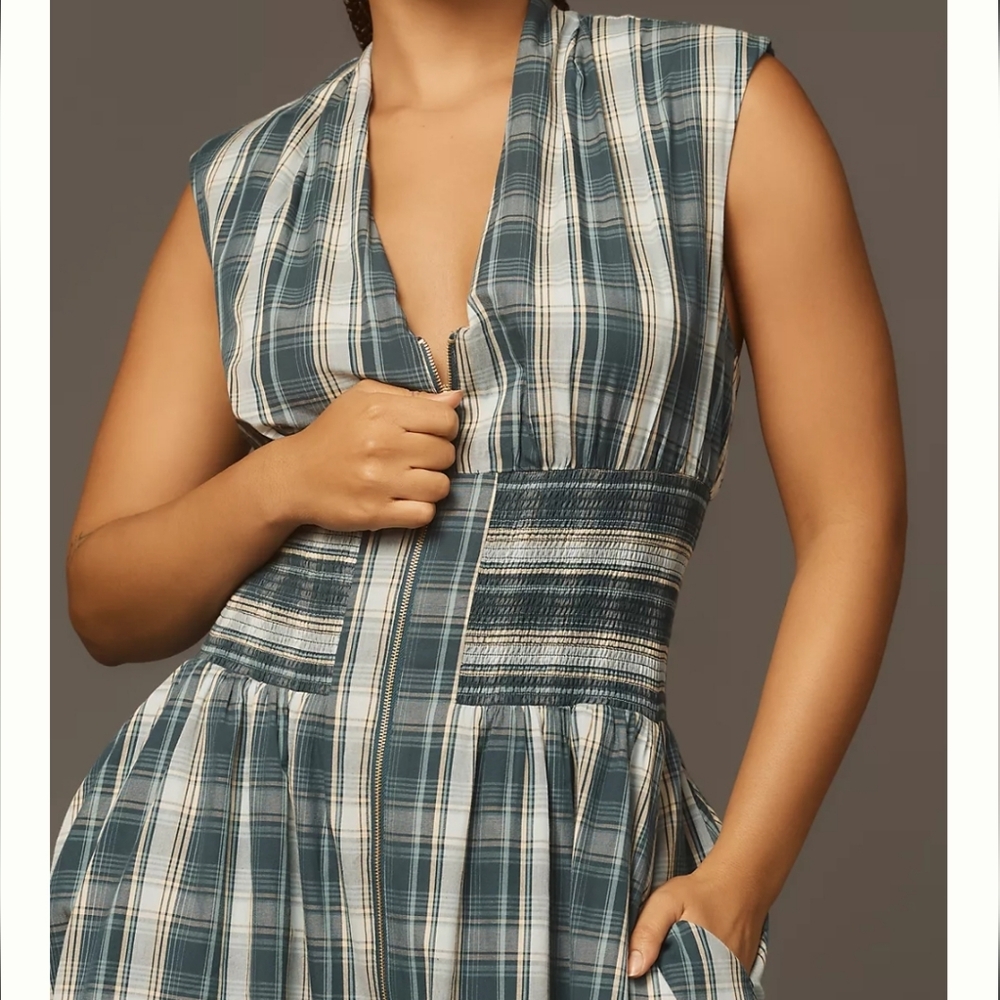 Anthropologie Tommie Zip-Front Midi Dress Green Plaid, size 3X Plus St. Pats